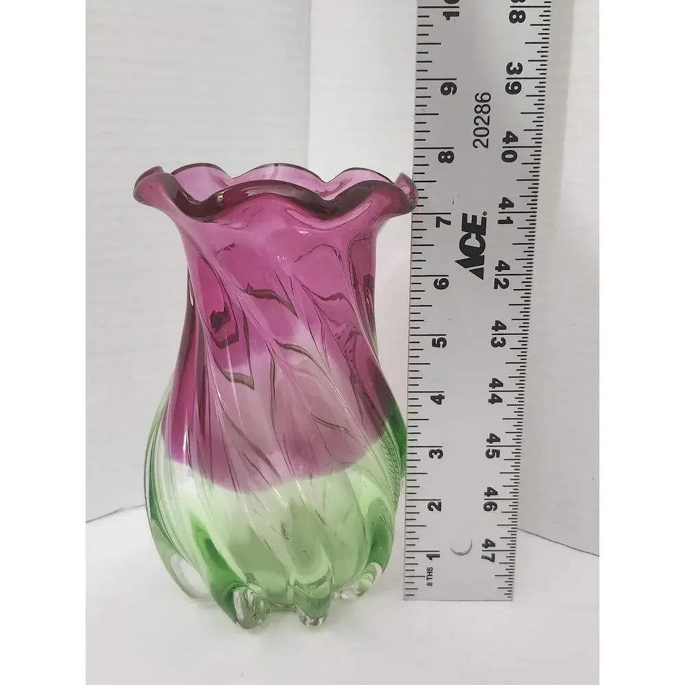 Vintage 1990s Teleflora Pink Green Swirl Art Glass Fluted Ruffled Vase